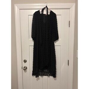 Women Size Large Below Knee Long Sleeve V Neck Dotted Swiss Black Dress Chiffon